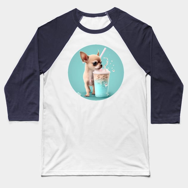 Cute Kawaii Chihuahua Drinking Bubble Tea - Adorable Dog Lover Gift and Fun Animal Art Baseball T-Shirt by laverdeden